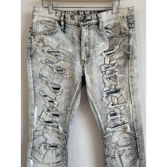 Smoke Rise Men's 36x34 Distressed Ripped Taper Denim Frost Gray Stretch Jeans - Picture 5 of 10